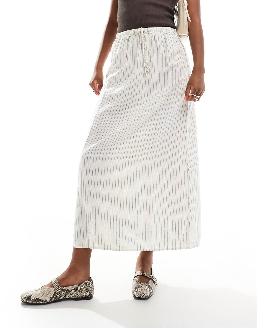 Cotton On Linen-Look Maxi Skirt Ivory Cream Pinstripe Drawstring Minimalist Sz 8